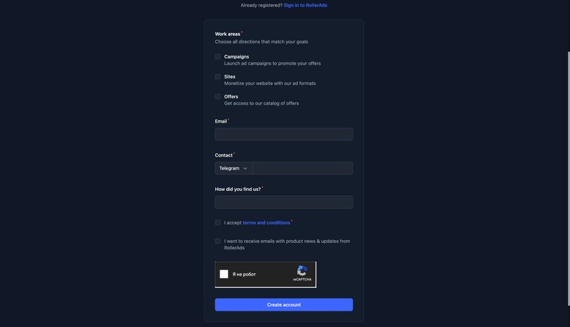 RollerAds registration form