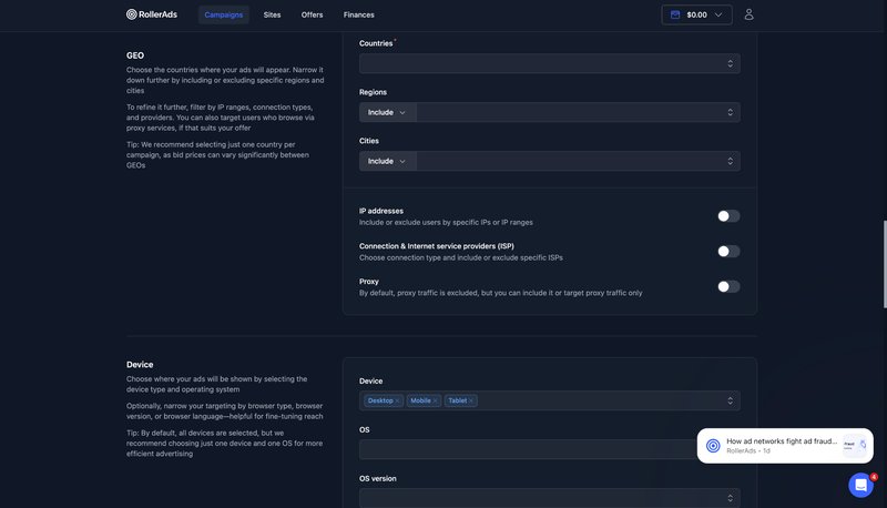 RollerAds targeting options