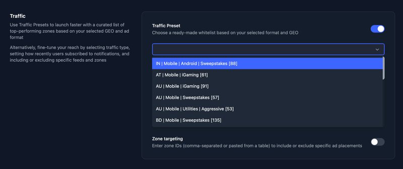 RollerAds Traffic Presets