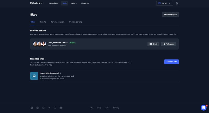 RollerAds Sites section