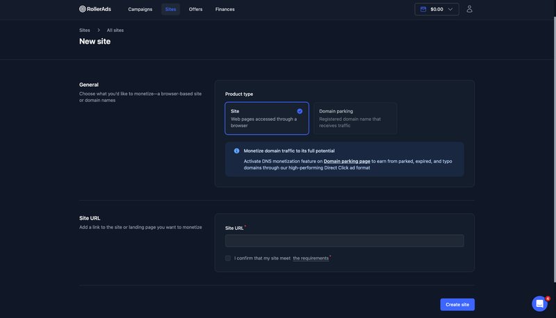 Adding a new site in RollerAds