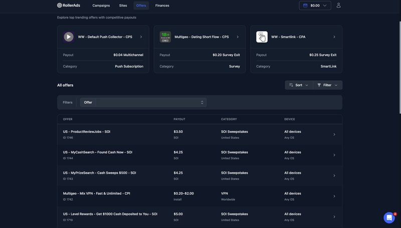 RollerAds Offers section