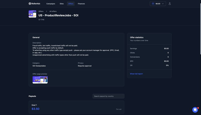 RollerAds offer page terms