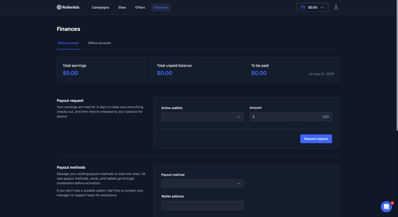 RollerAds Finances section